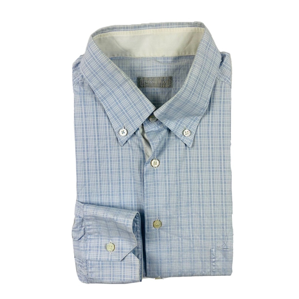 Stefano Ricci Mens Blue White Cotton Button Down Shirt Size 18/46 Long Sleeve